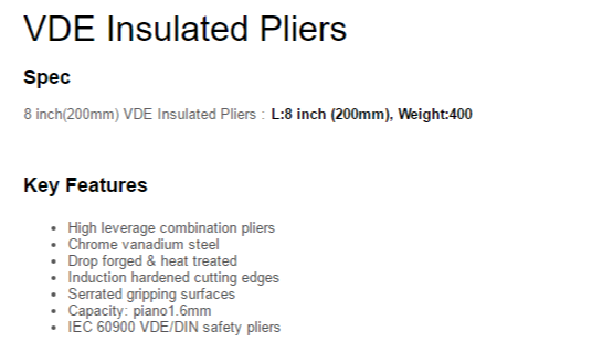 8 inch(200mm) VDE Insulated Pliers